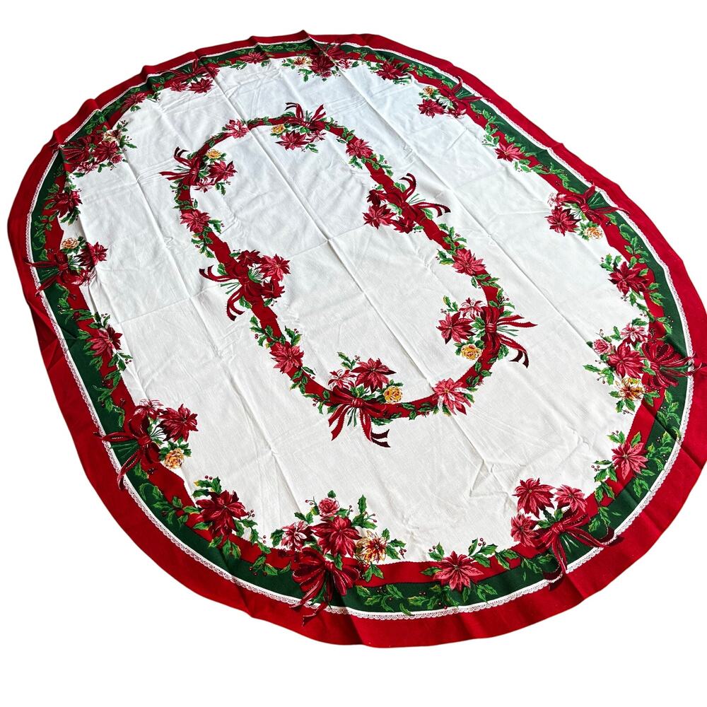 Vintage Christmas tablecloth long oval traditional red green white cotton blend